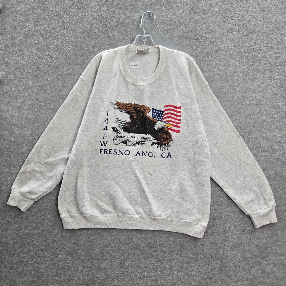 VINTAGE Jet Fighter Men Sweatshirt XL Gray 144FW Fresno Ang CA Graphic 90s READ